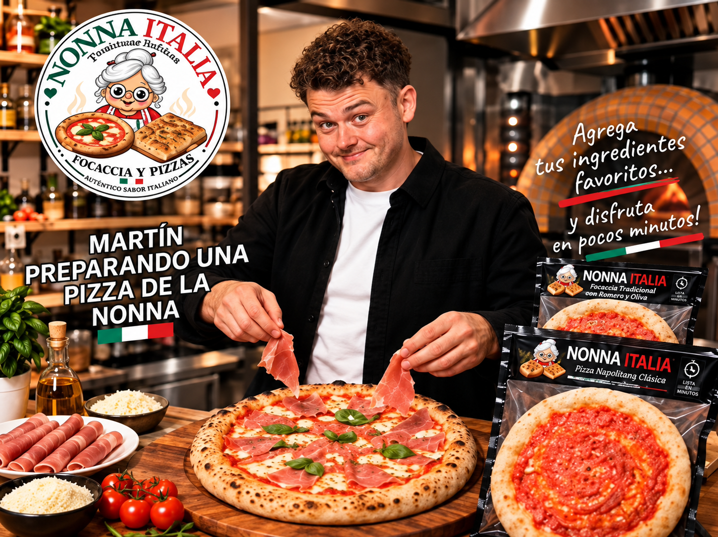 Home pizza nonna italia con prosciutto y albahaca